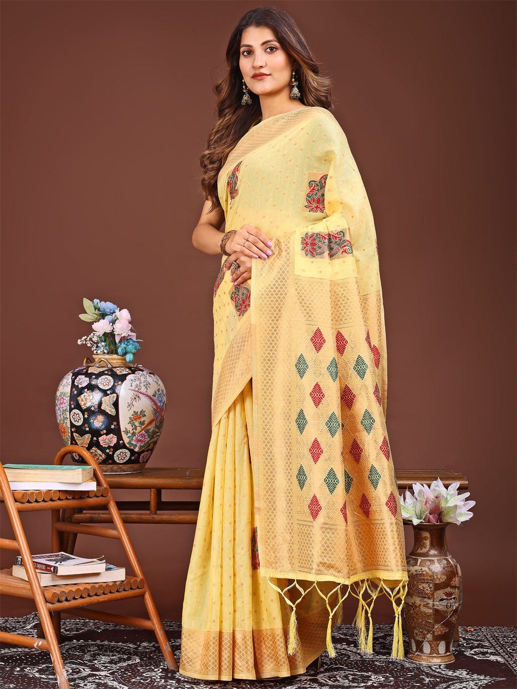 Shree Shyam Fashion Yellow Jacquard Saree with Tassels - Radiate Soft Elegance and Timeless Beauty | Grocsy