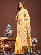 Shree Shyam Fashion Yellow Jacquard Saree with Tassels - Radiate Soft Elegance and Timeless Beauty | Grocsy
