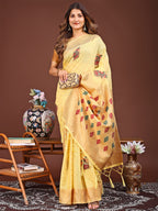 Shree Shyam Fashion Yellow Jacquard Saree with Tassels - Radiate Soft Elegance and Timeless Beauty | Grocsy