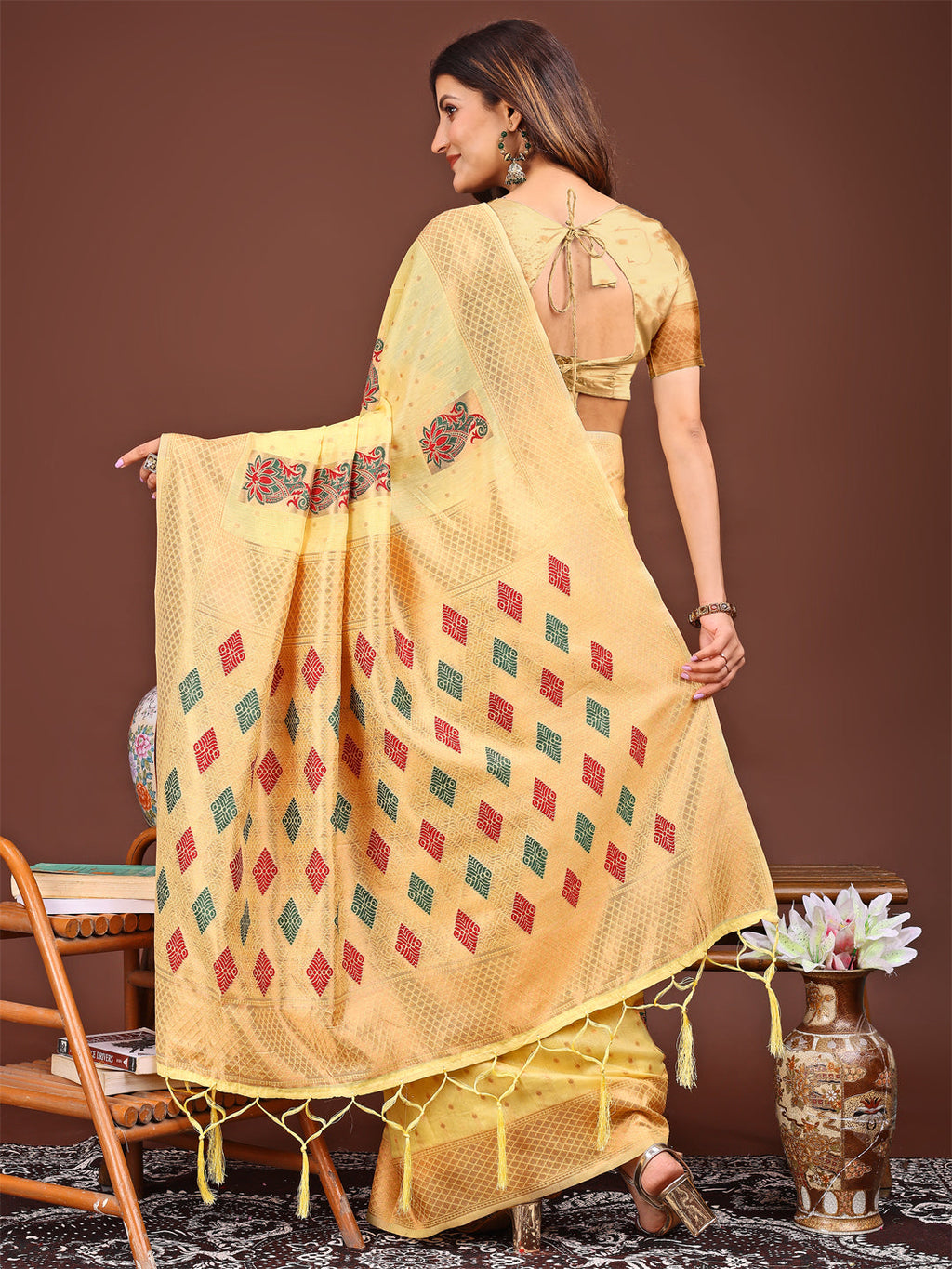 Shree Shyam Fashion Yellow Jacquard Saree with Tassels - Radiate Soft Elegance and Timeless Beauty | Grocsy