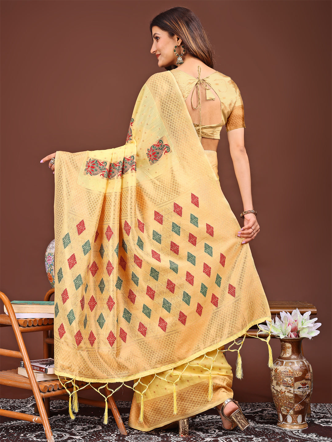 Shree Shyam Fashion Yellow Jacquard Saree with Tassels - Radiate Soft Elegance and Timeless Beauty | Grocsy