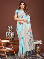 Shree Shyam Fashion Sky Blue Jacquard Saree with Tassels - Radiate Soft Elegance and Timeless Beauty | Grocsy