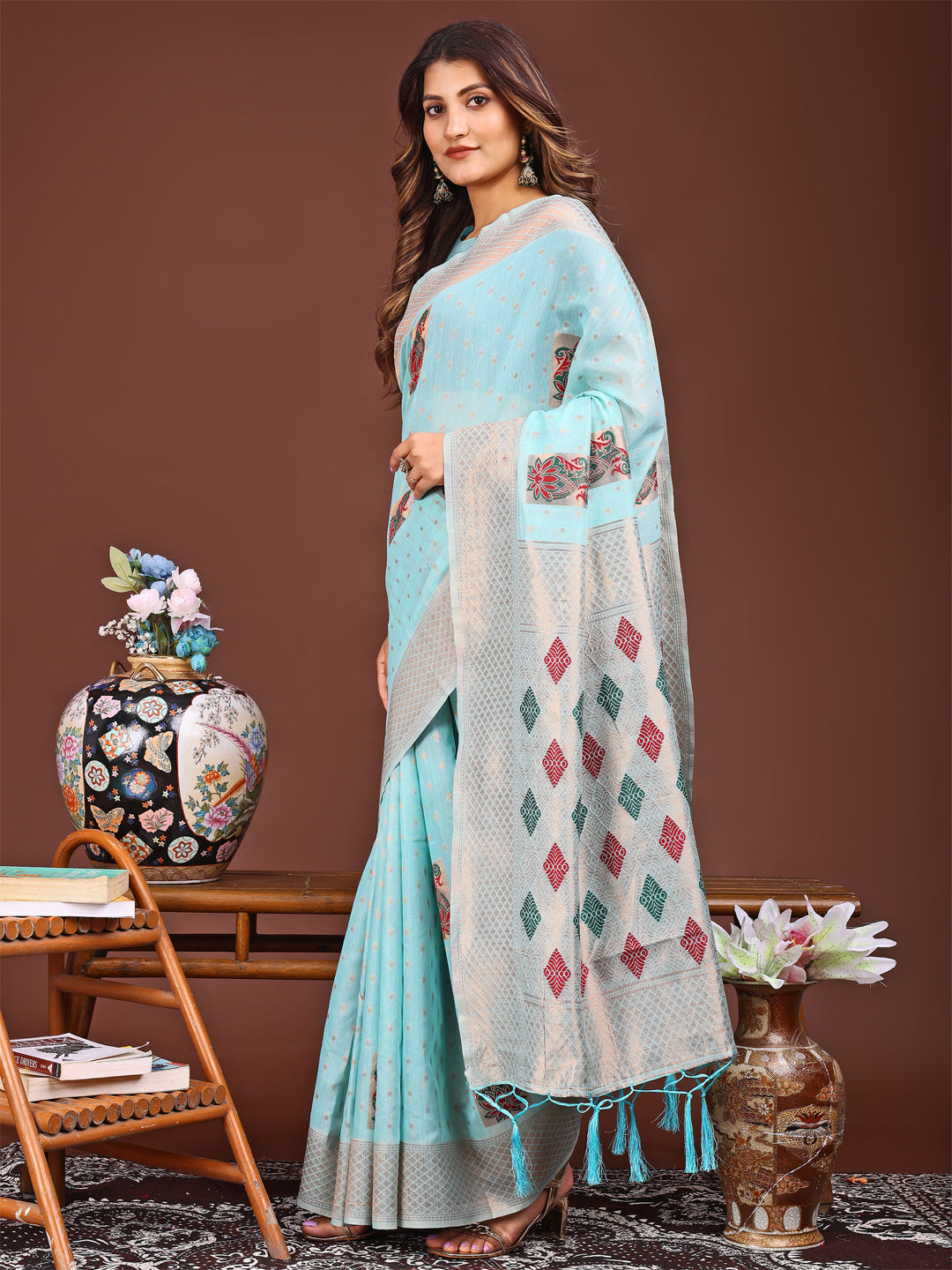 Shree Shyam Fashion Sky Blue Jacquard Saree with Tassels - Radiate Soft Elegance and Timeless Beauty | Grocsy