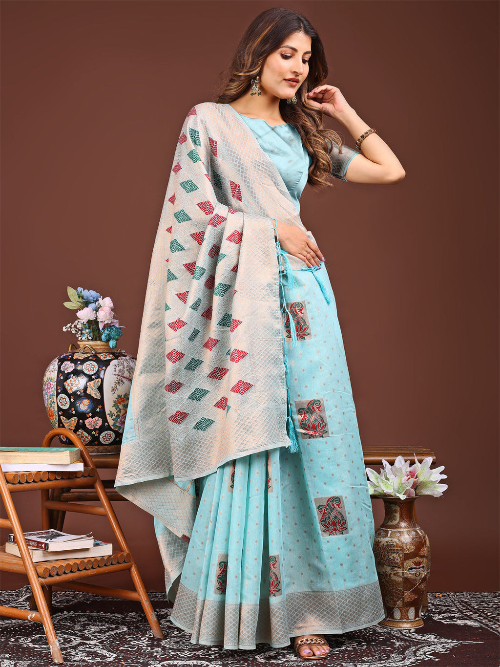 Shree Shyam Fashion Sky Blue Jacquard Saree with Tassels - Radiate Soft Elegance and Timeless Beauty | Grocsy