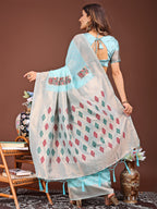 Shree Shyam Fashion Sky Blue Jacquard Saree with Tassels - Radiate Soft Elegance and Timeless Beauty | Grocsy