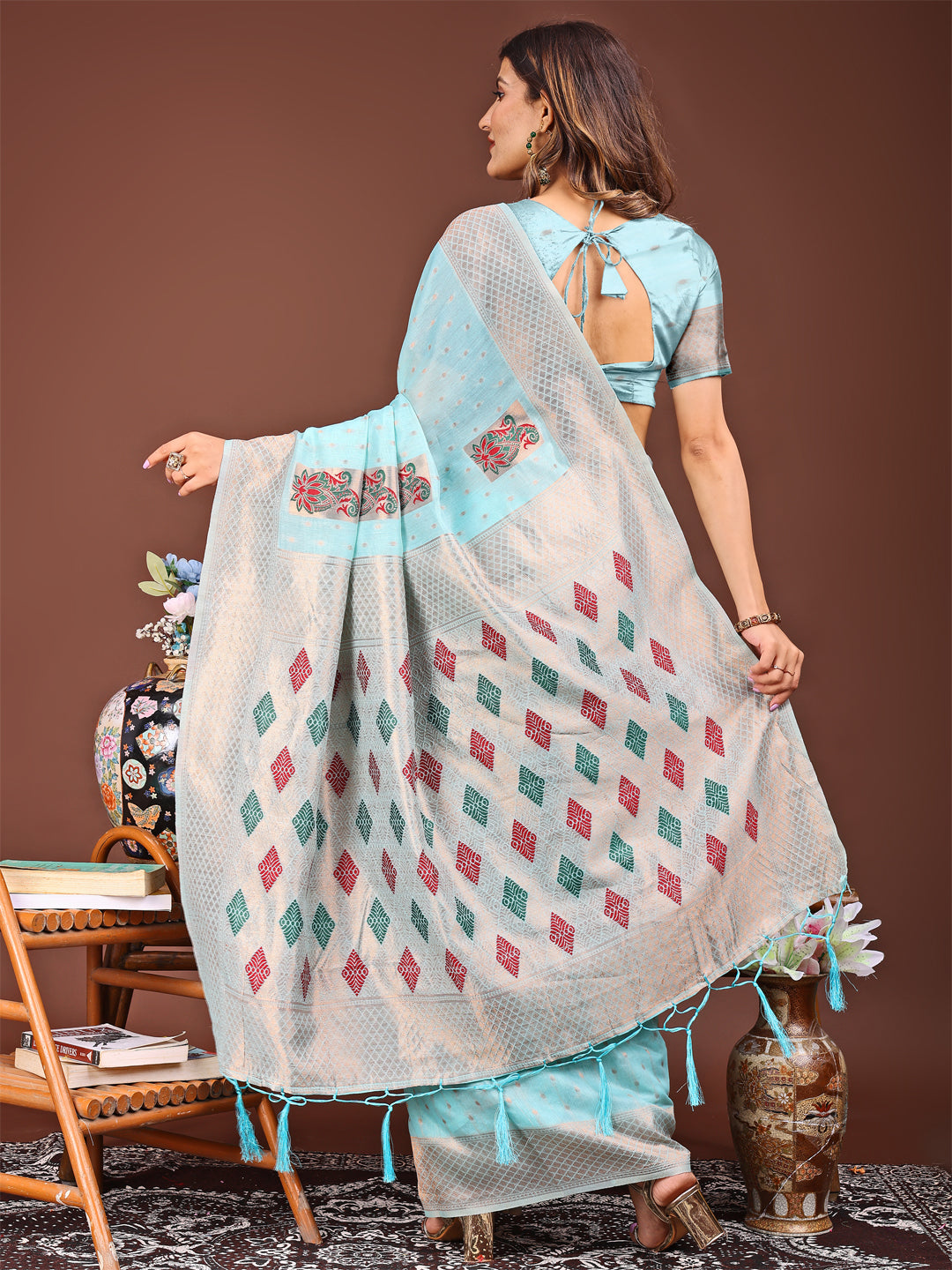 Shree Shyam Fashion Sky Blue Jacquard Saree with Tassels - Radiate Soft Elegance and Timeless Beauty | Grocsy
