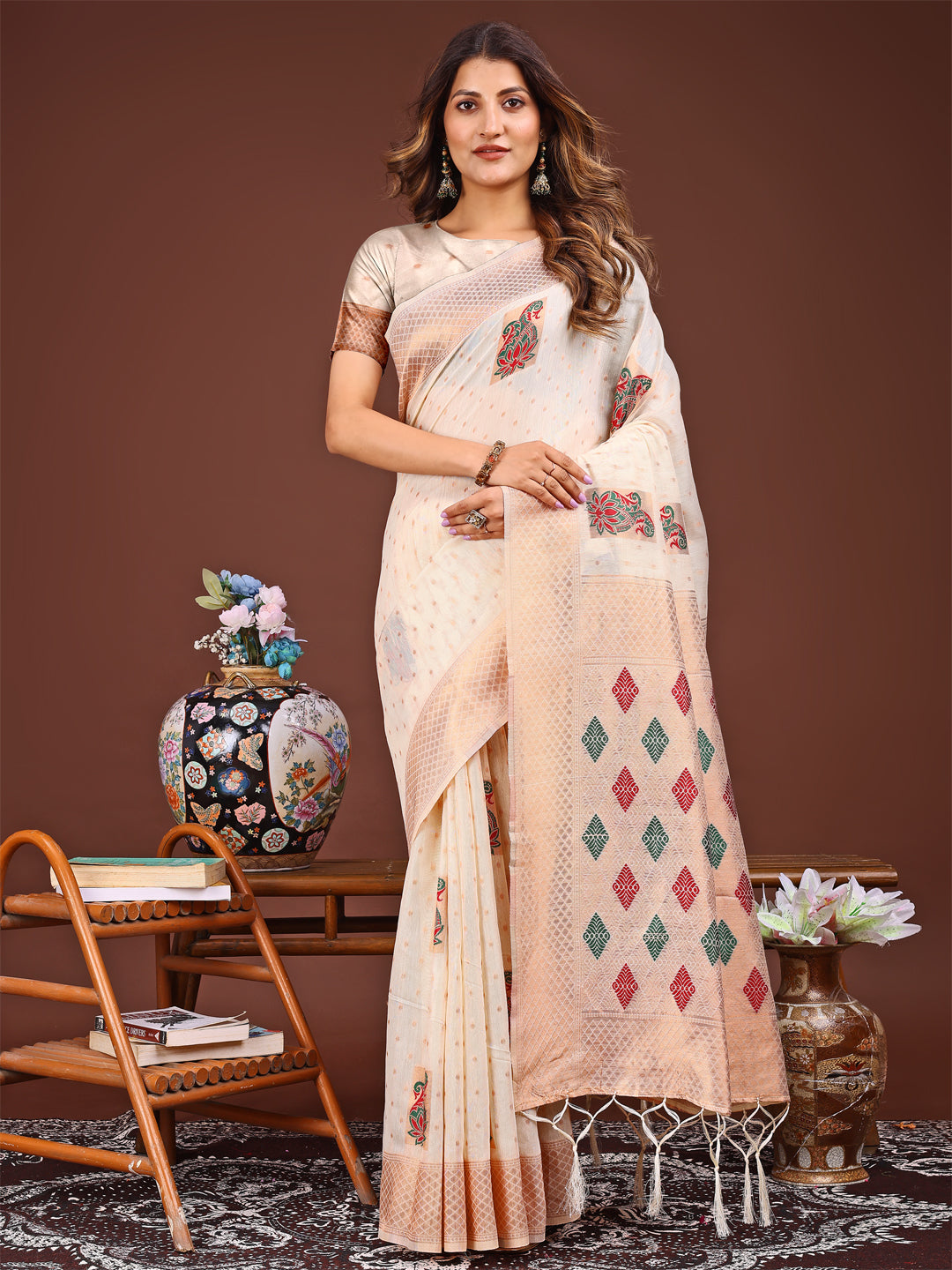 Shree Shyam Fashion White Jacquard Saree with Tassels - Radiate Soft Elegance and Timeless Beauty | Grocsy