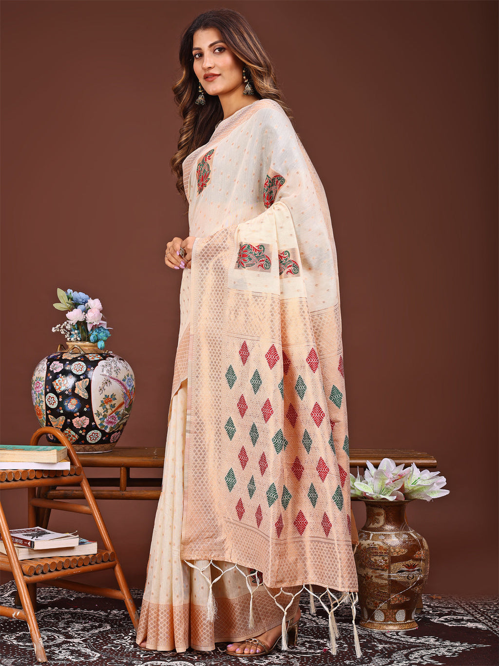 Shree Shyam Fashion White Jacquard Saree with Tassels - Radiate Soft Elegance and Timeless Beauty | Grocsy