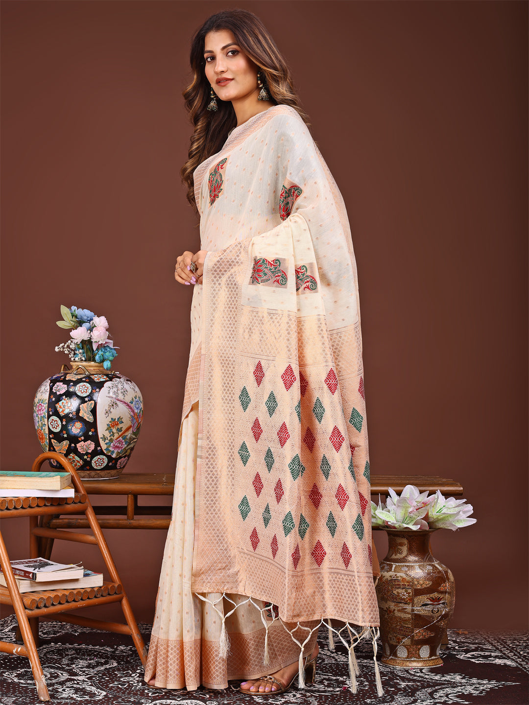 Shree Shyam Fashion White Jacquard Saree with Tassels - Radiate Soft Elegance and Timeless Beauty | Grocsy