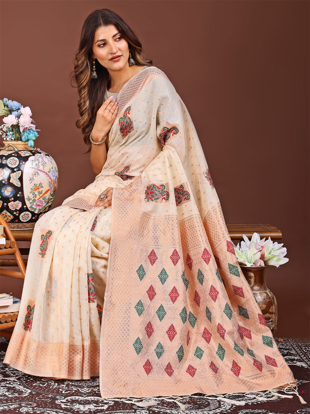 Shree Shyam Fashion White Jacquard Saree with Tassels - Radiate Soft Elegance and Timeless Beauty | Grocsy