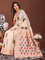Shree Shyam Fashion White Jacquard Saree with Tassels - Radiate Soft Elegance and Timeless Beauty | Grocsy