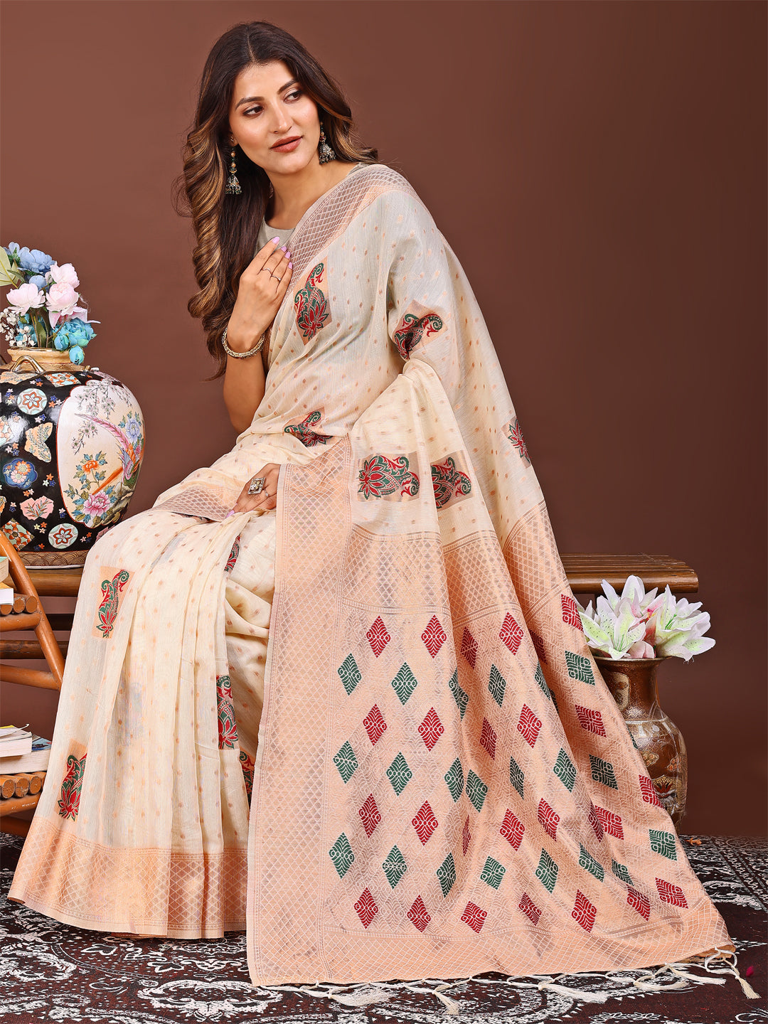 Shree Shyam Fashion White Jacquard Saree with Tassels - Radiate Soft Elegance and Timeless Beauty | Grocsy