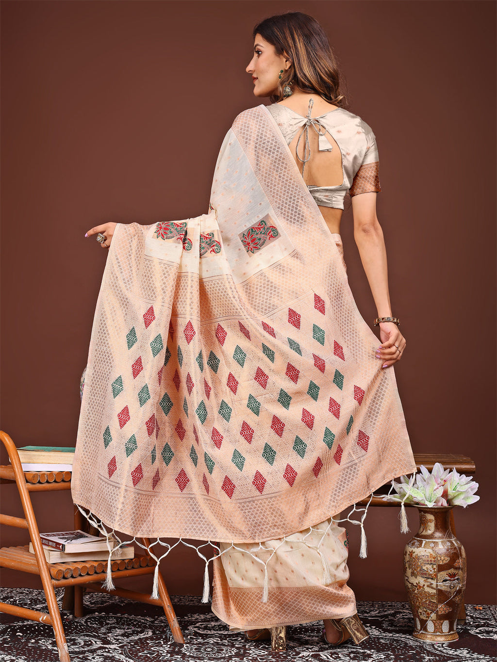 Shree Shyam Fashion White Jacquard Saree with Tassels - Radiate Soft Elegance and Timeless Beauty | Grocsy