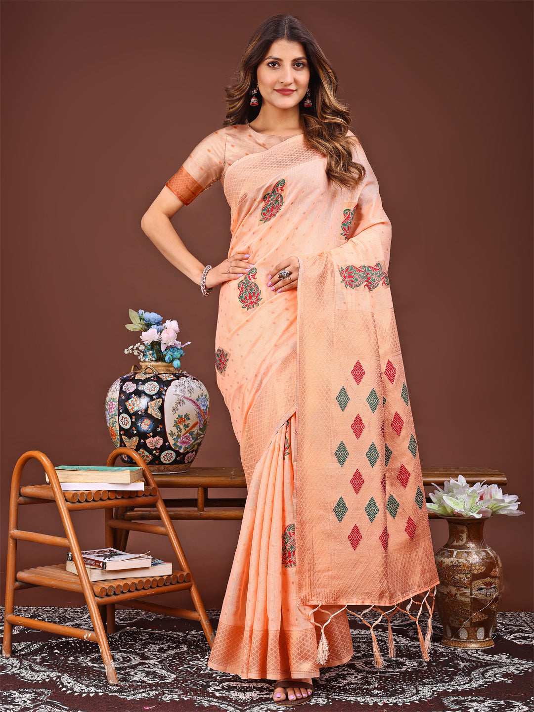 Shree Shyam Fashion Orange Jacquard Saree with Tassels - Radiate Soft Elegance and Timeless Beauty | Grocsy