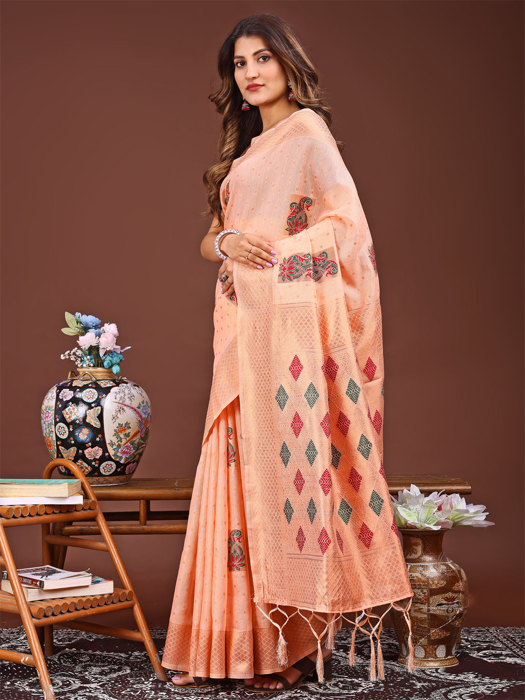 Shree Shyam Fashion Orange Jacquard Saree with Tassels - Radiate Soft Elegance and Timeless Beauty | Grocsy