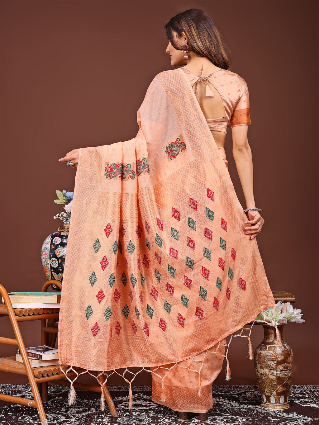 Shree Shyam Fashion Orange Jacquard Saree with Tassels - Radiate Soft Elegance and Timeless Beauty | Grocsy
