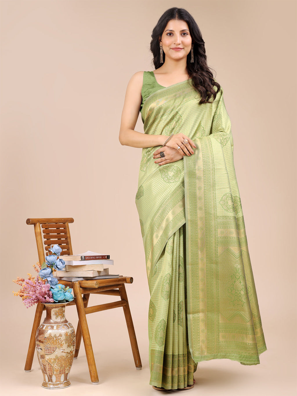 Shree Shyam Fashion Light Green Banarasi silk Woven Zari Work Traditional Tassel Saree | Grocsy