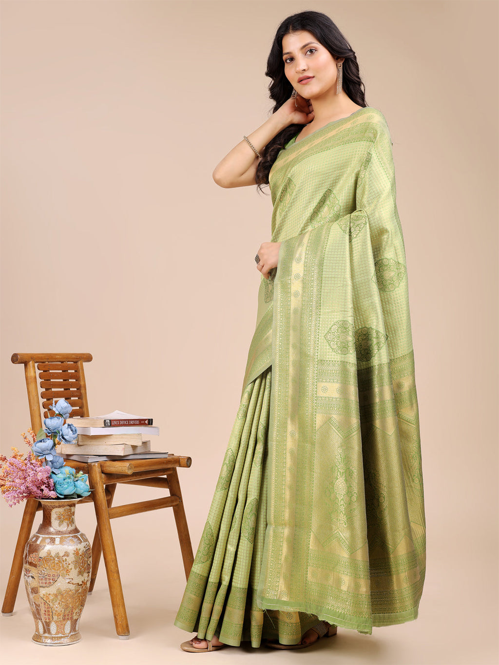 Shree Shyam Fashion Light Green Banarasi silk Woven Zari Work Traditional Tassel Saree | Grocsy