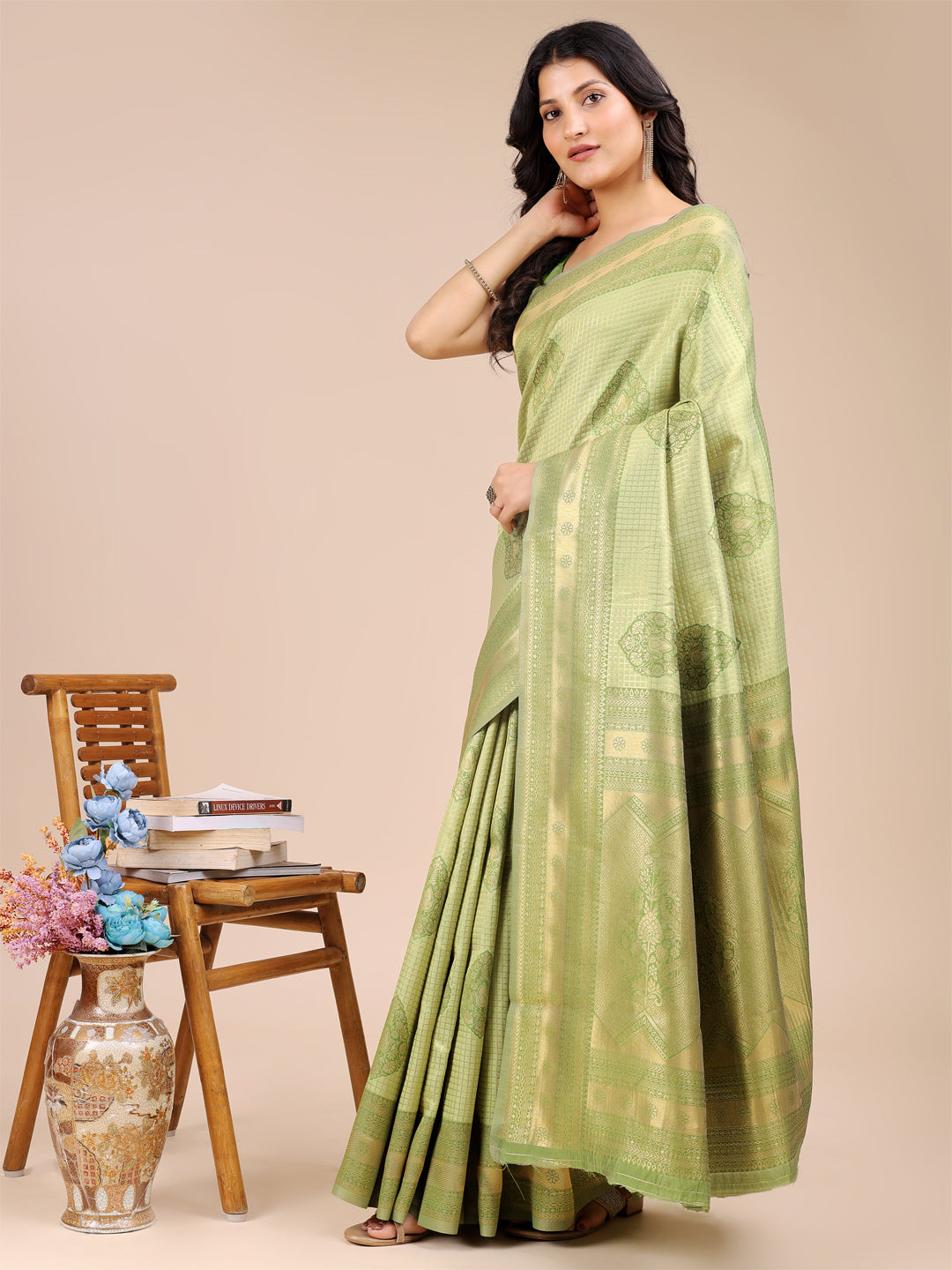 Shree Shyam Fashion Light Green Banarasi silk Woven Zari Work Traditional Tassel Saree | Grocsy