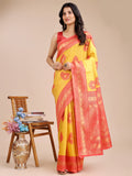 Shree Shyam Fashion Yellow & Red Banarasi silk Woven Zari Work Traditional Tassel Saree | Grocsy