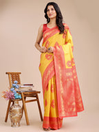 Shree Shyam Fashion Yellow & Red Banarasi silk Woven Zari Work Traditional Tassel Saree | Grocsy