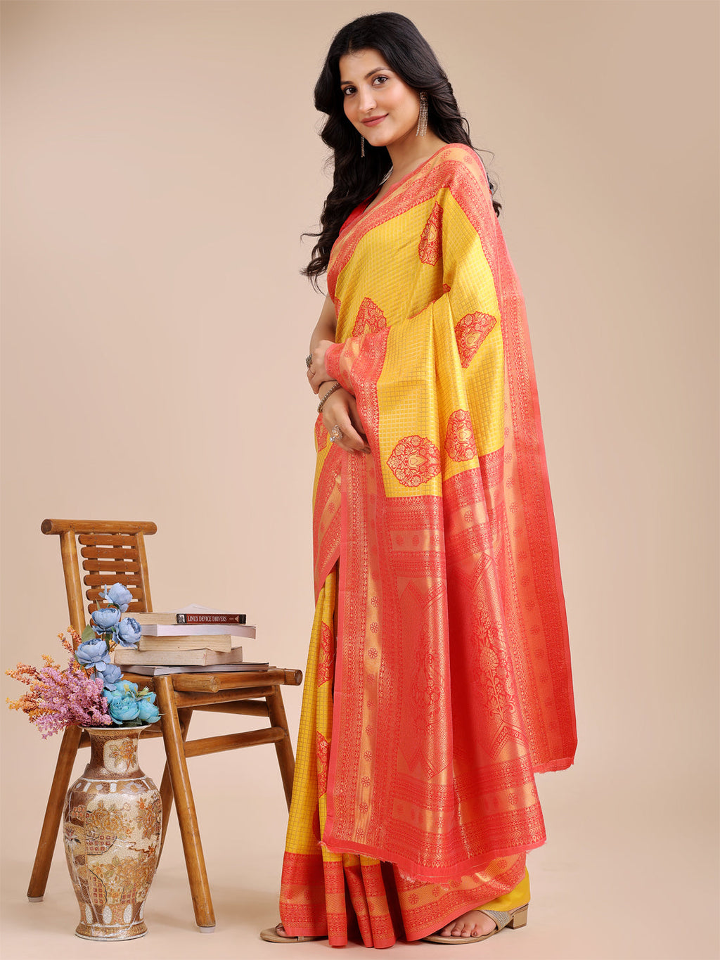 Shree Shyam Fashion Yellow & Red Banarasi silk Woven Zari Work Traditional Tassel Saree | Grocsy