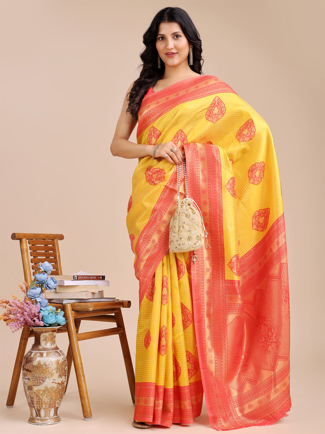 Shree Shyam Fashion Yellow & Red Banarasi silk Woven Zari Work Traditional Tassel Saree | Grocsy