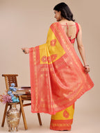 Shree Shyam Fashion Yellow & Red Banarasi silk Woven Zari Work Traditional Tassel Saree | Grocsy