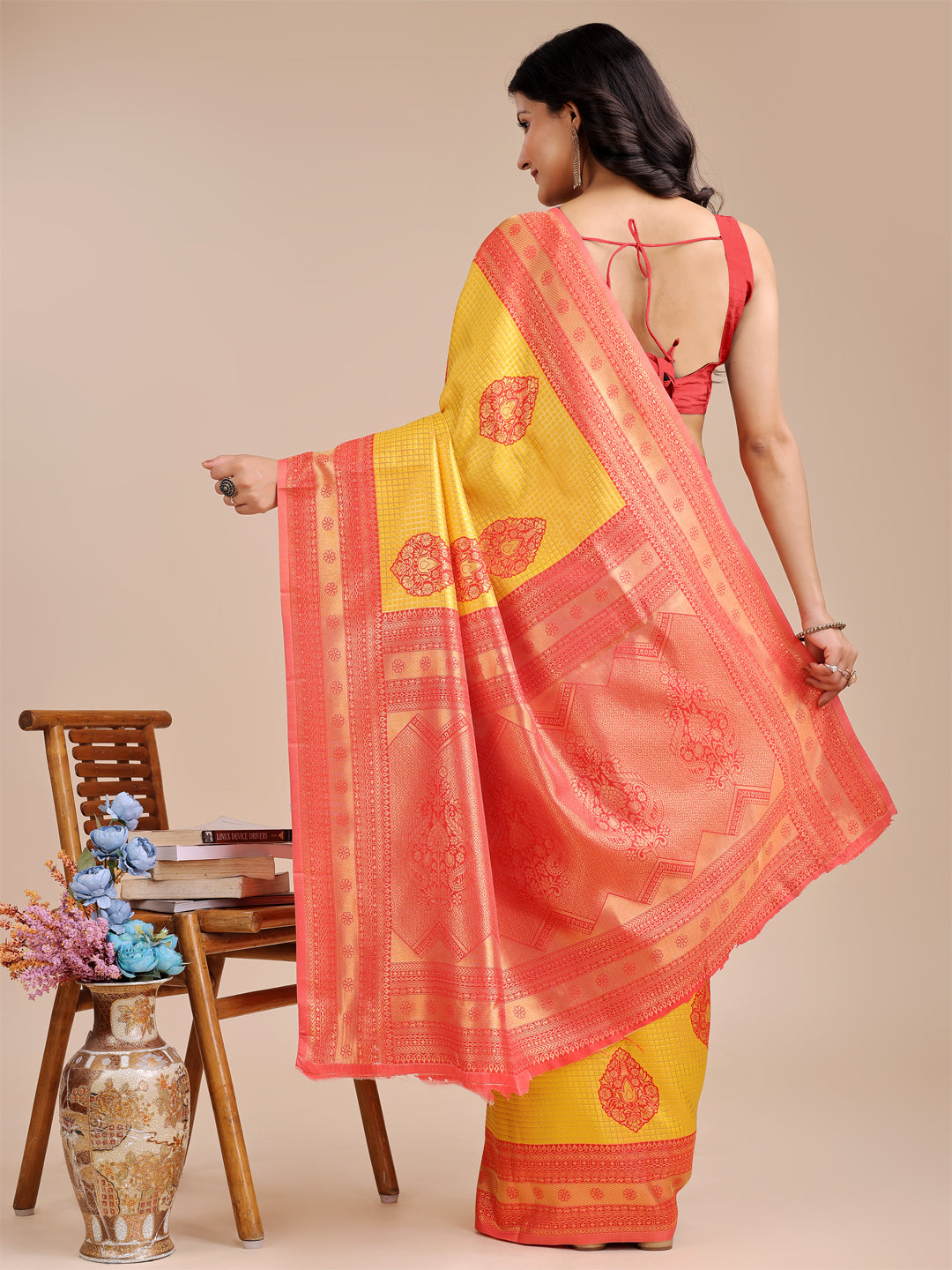 Shree Shyam Fashion Yellow & Red Banarasi silk Woven Zari Work Traditional Tassel Saree | Grocsy