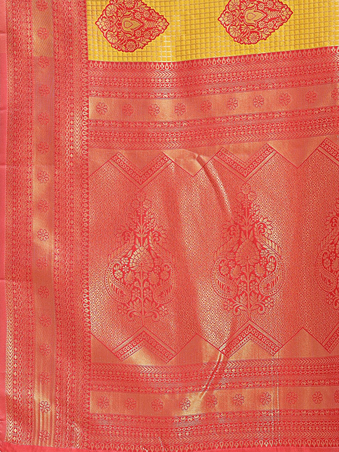 Shree Shyam Fashion Yellow & Red Banarasi silk Woven Zari Work Traditional Tassel Saree | Grocsy