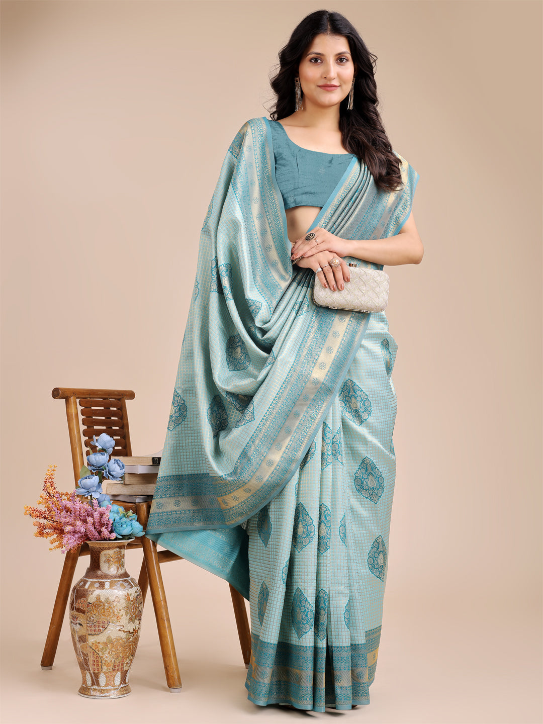 Shree Shyam Fashion Sea Green Banarasi silk Woven Zari Work Traditional Tassel Saree | Grocsy