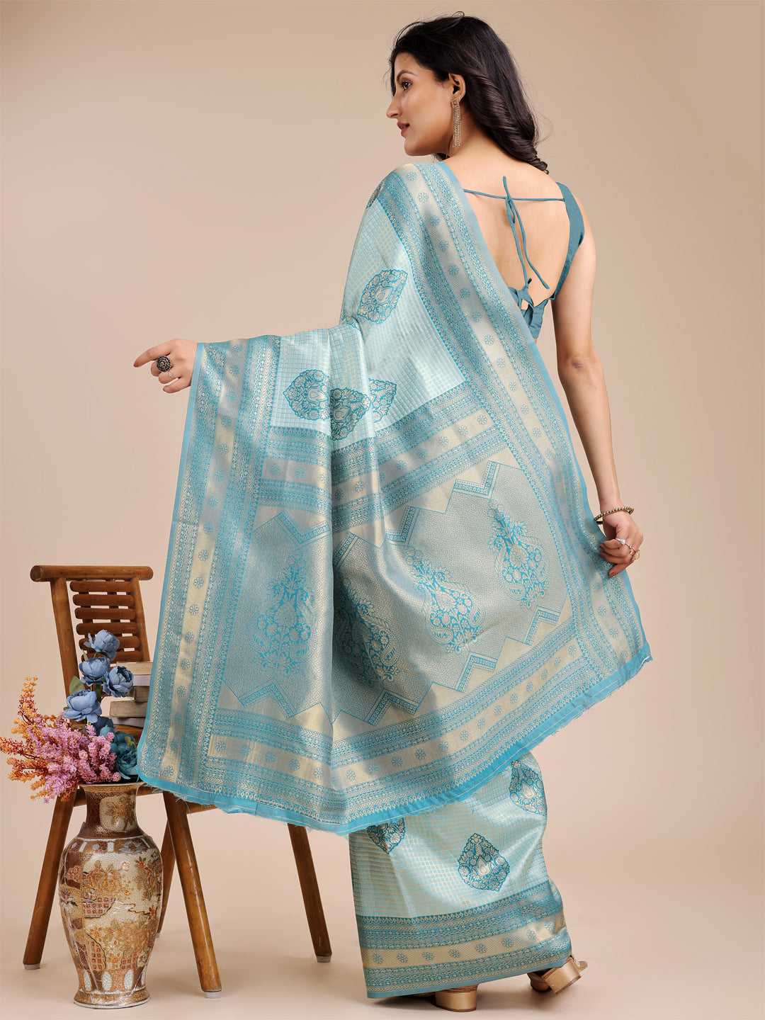 Shree Shyam Fashion Sea Green Banarasi silk Woven Zari Work Traditional Tassel Saree | Grocsy