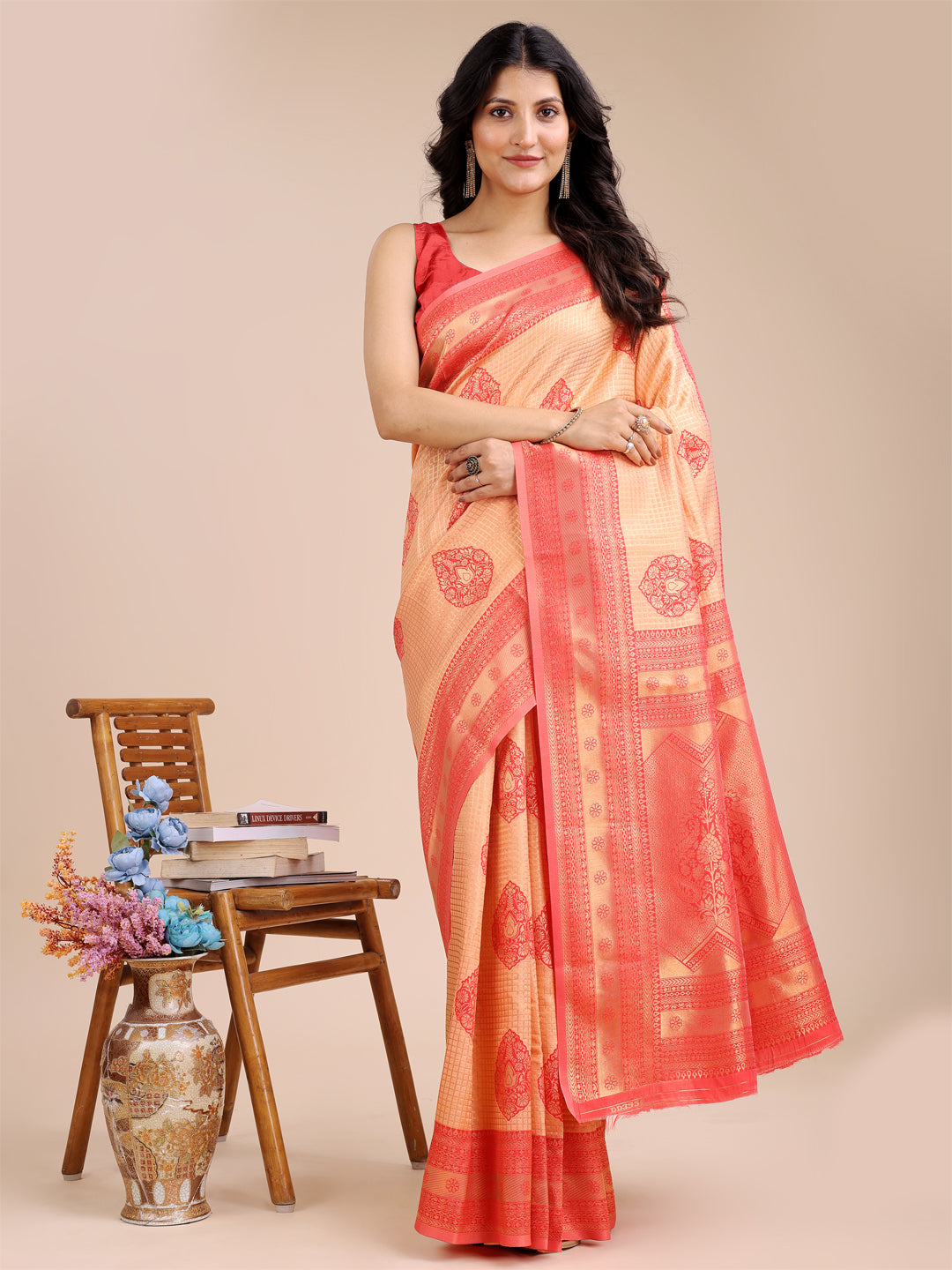 Shree Shyam Fashion Orange & Red Banarasi silk Woven Zari Work Traditional Tassel Saree | Grocsy