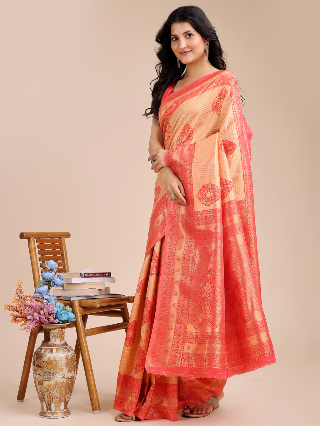 Shree Shyam Fashion Orange & Red Banarasi silk Woven Zari Work Traditional Tassel Saree | Grocsy