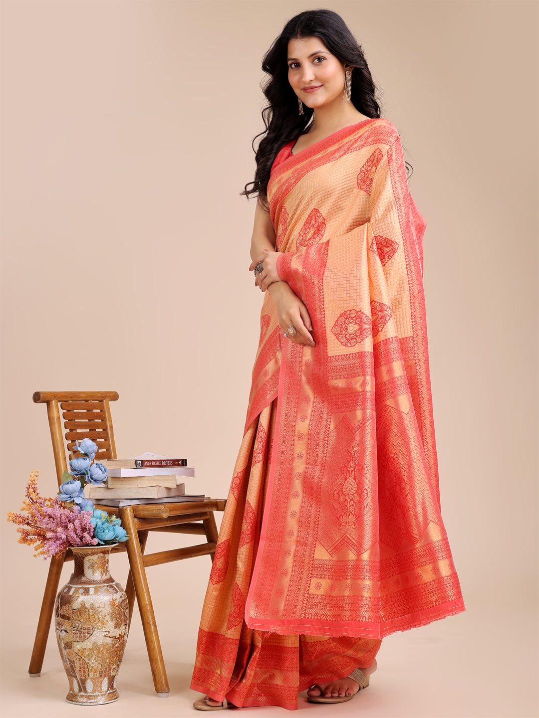 Shree Shyam Fashion Orange & Red Banarasi silk Woven Zari Work Traditional Tassel Saree | Grocsy