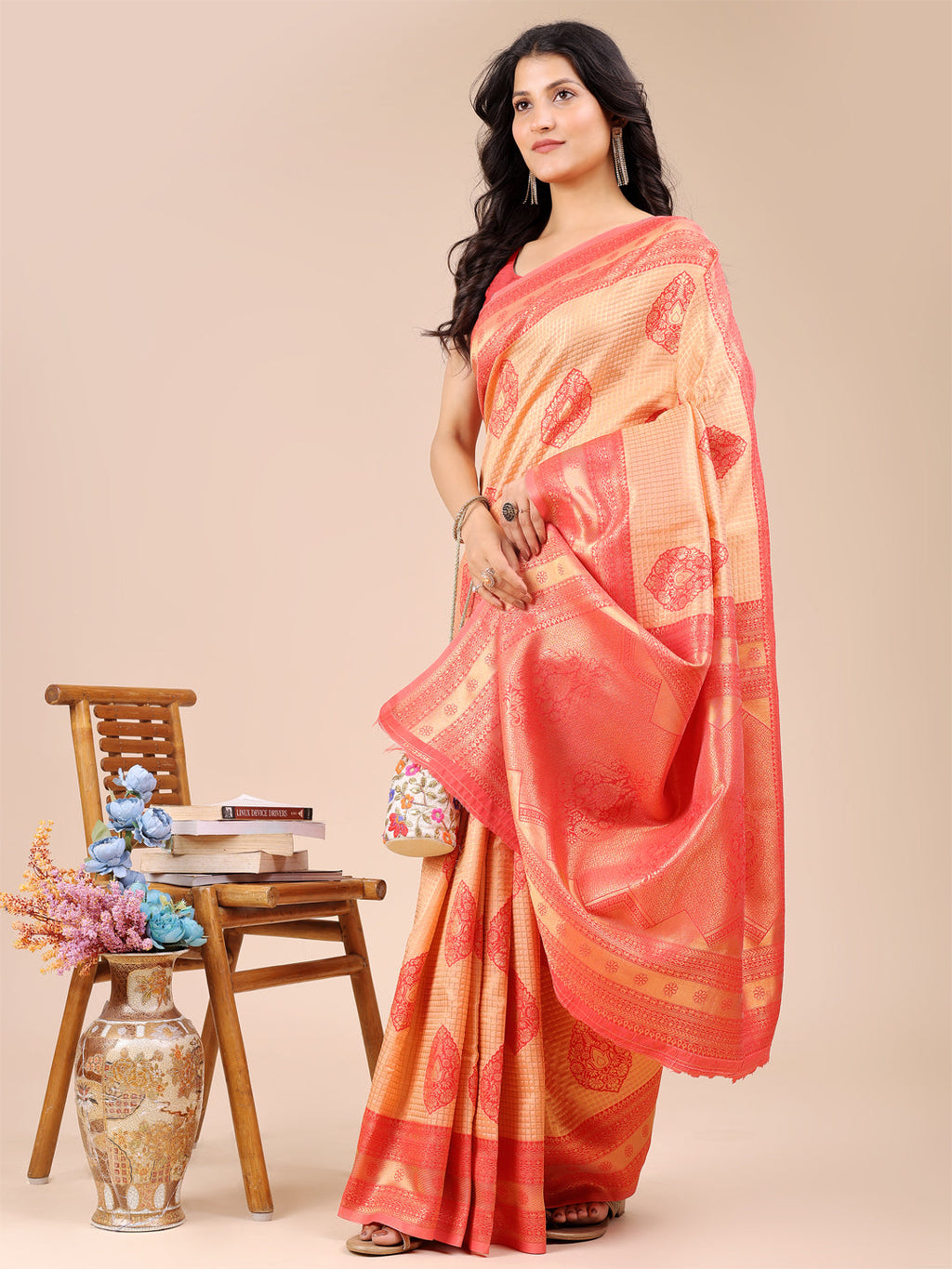 Shree Shyam Fashion Orange & Red Banarasi silk Woven Zari Work Traditional Tassel Saree | Grocsy