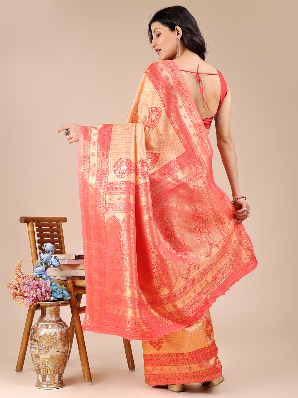 Shree Shyam Fashion Orange & Red Banarasi silk Woven Zari Work Traditional Tassel Saree | Grocsy