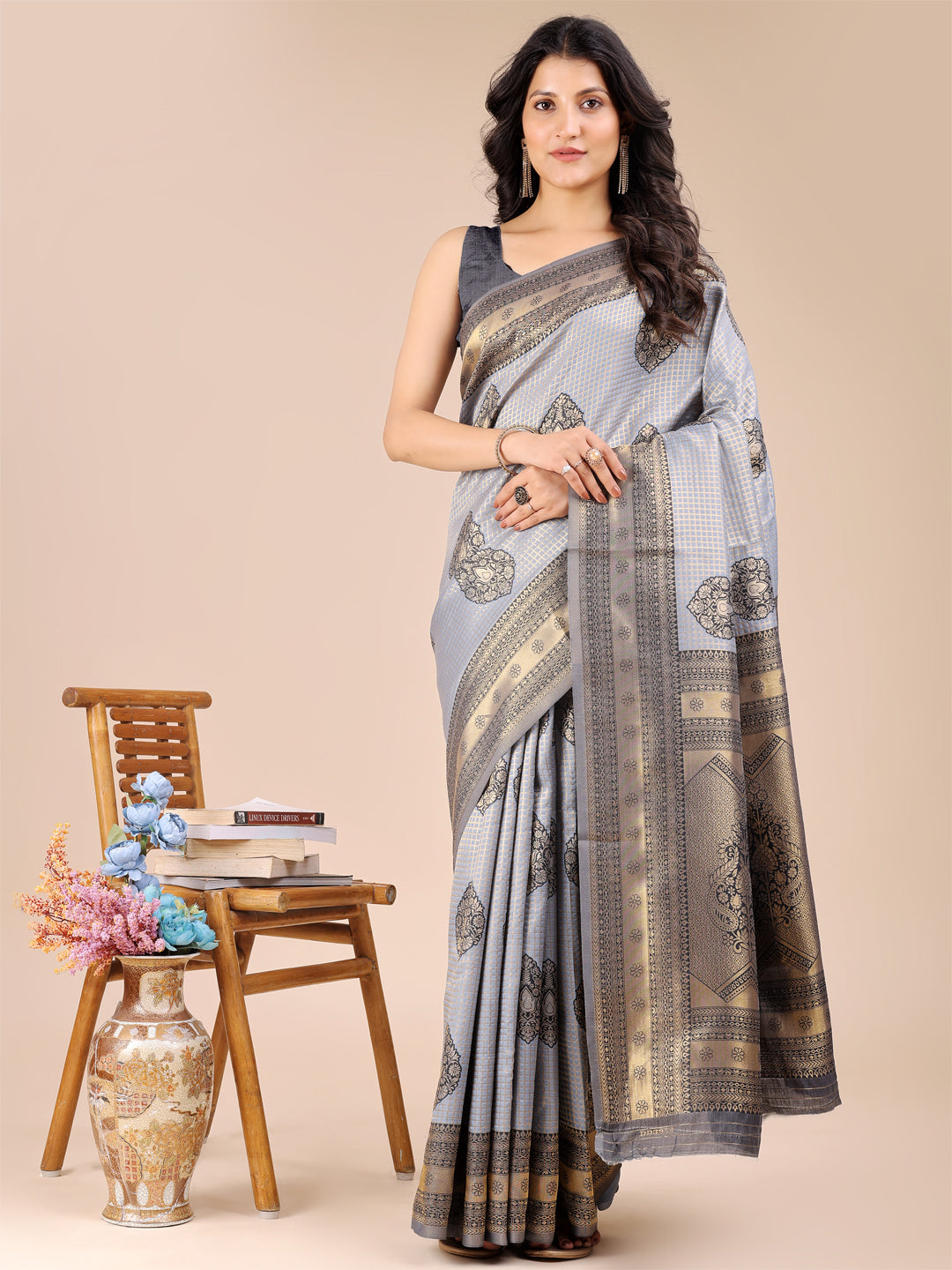 Shree Shyam Fashion Grey Banarasi silk Woven Zari Work Traditional Tassel Saree | Grocsy