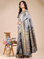 Shree Shyam Fashion Grey Banarasi silk Woven Zari Work Traditional Tassel Saree | Grocsy