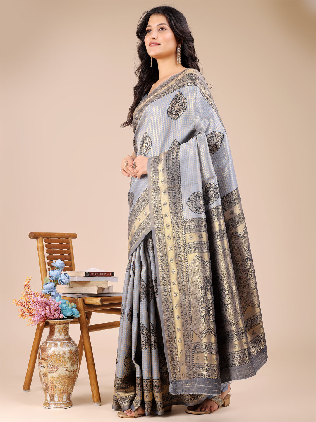 Shree Shyam Fashion Grey Banarasi silk Woven Zari Work Traditional Tassel Saree | Grocsy