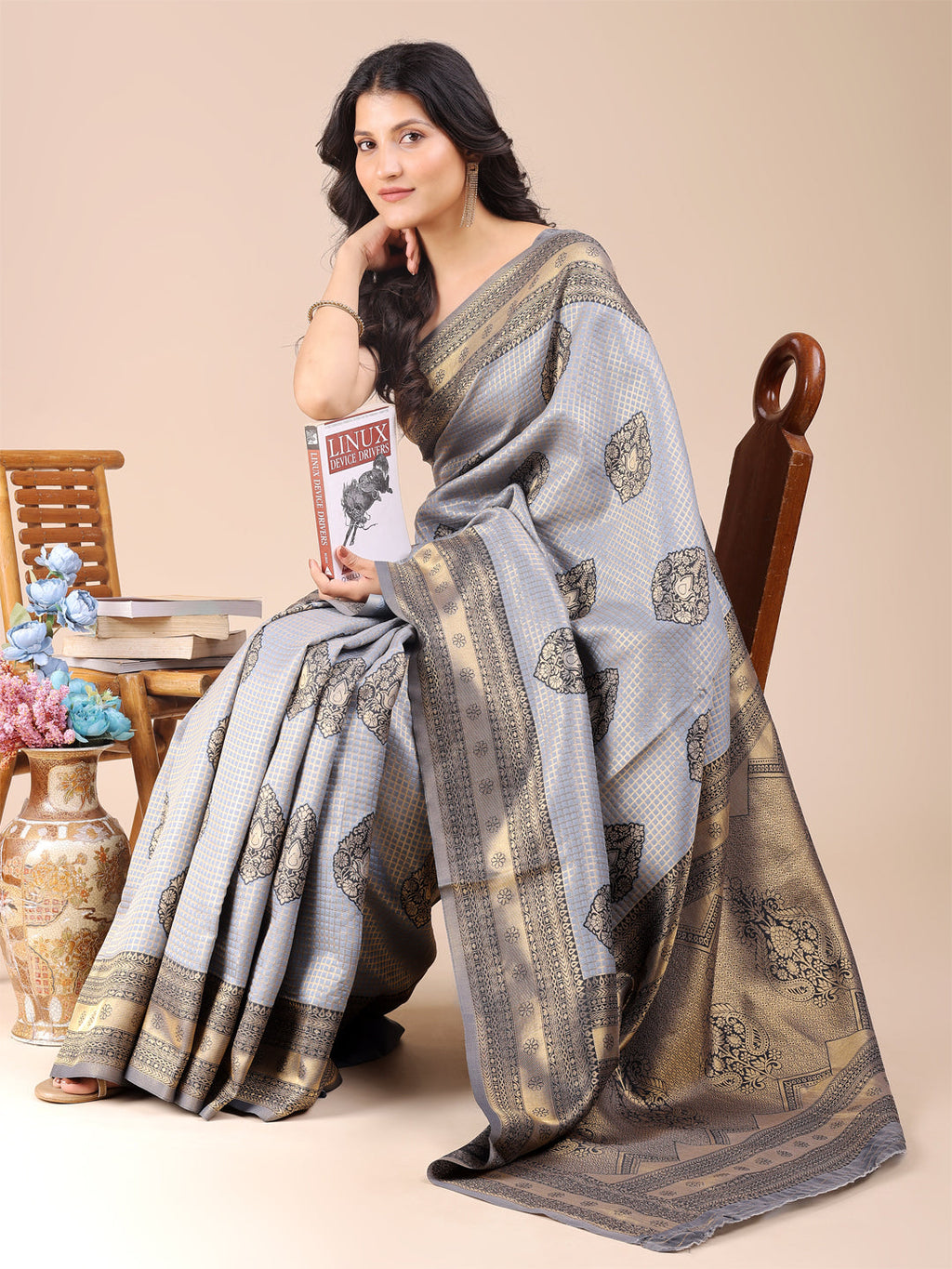Shree Shyam Fashion Grey Banarasi silk Woven Zari Work Traditional Tassel Saree | Grocsy