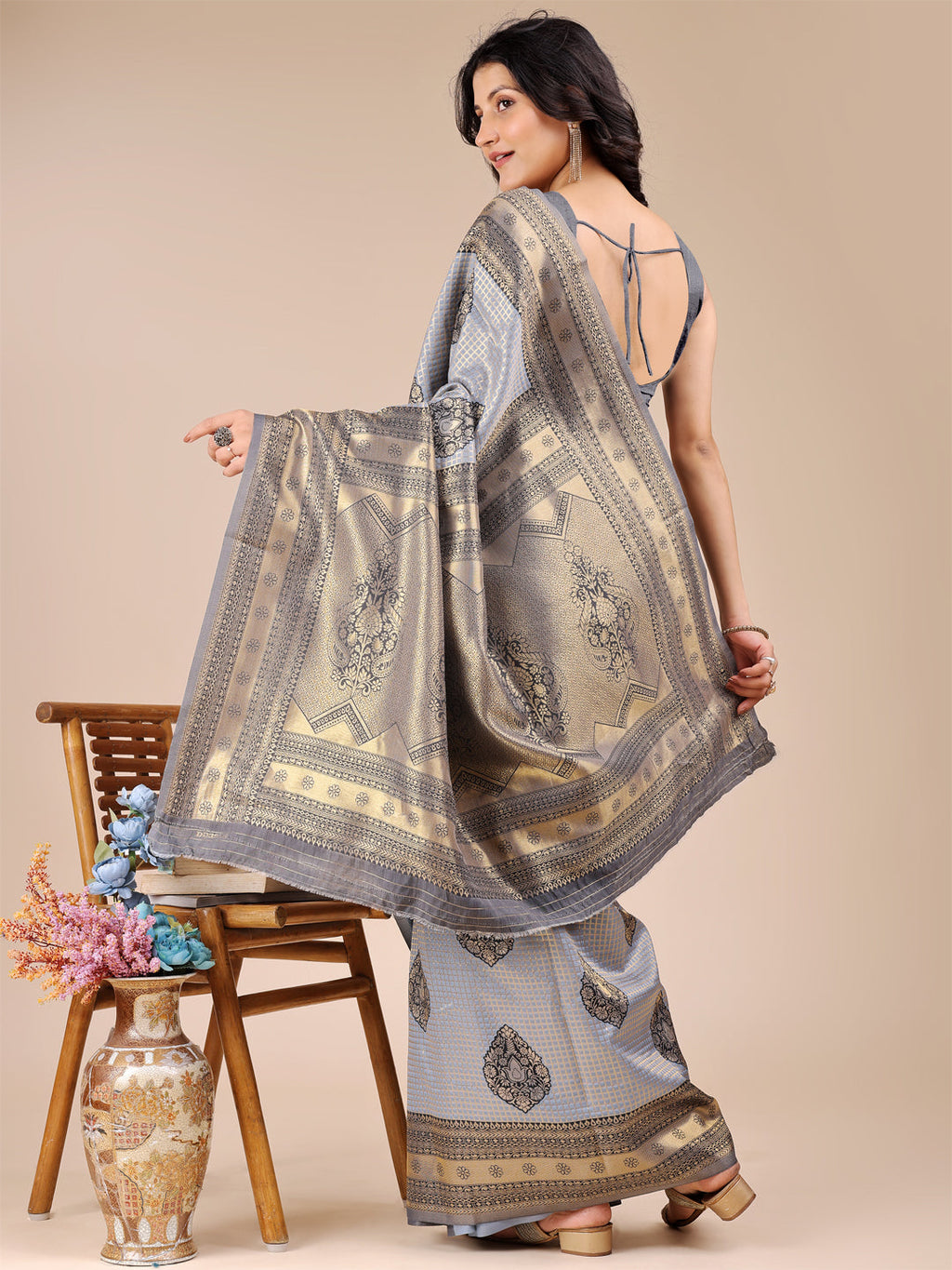 Shree Shyam Fashion Grey Banarasi silk Woven Zari Work Traditional Tassel Saree | Grocsy