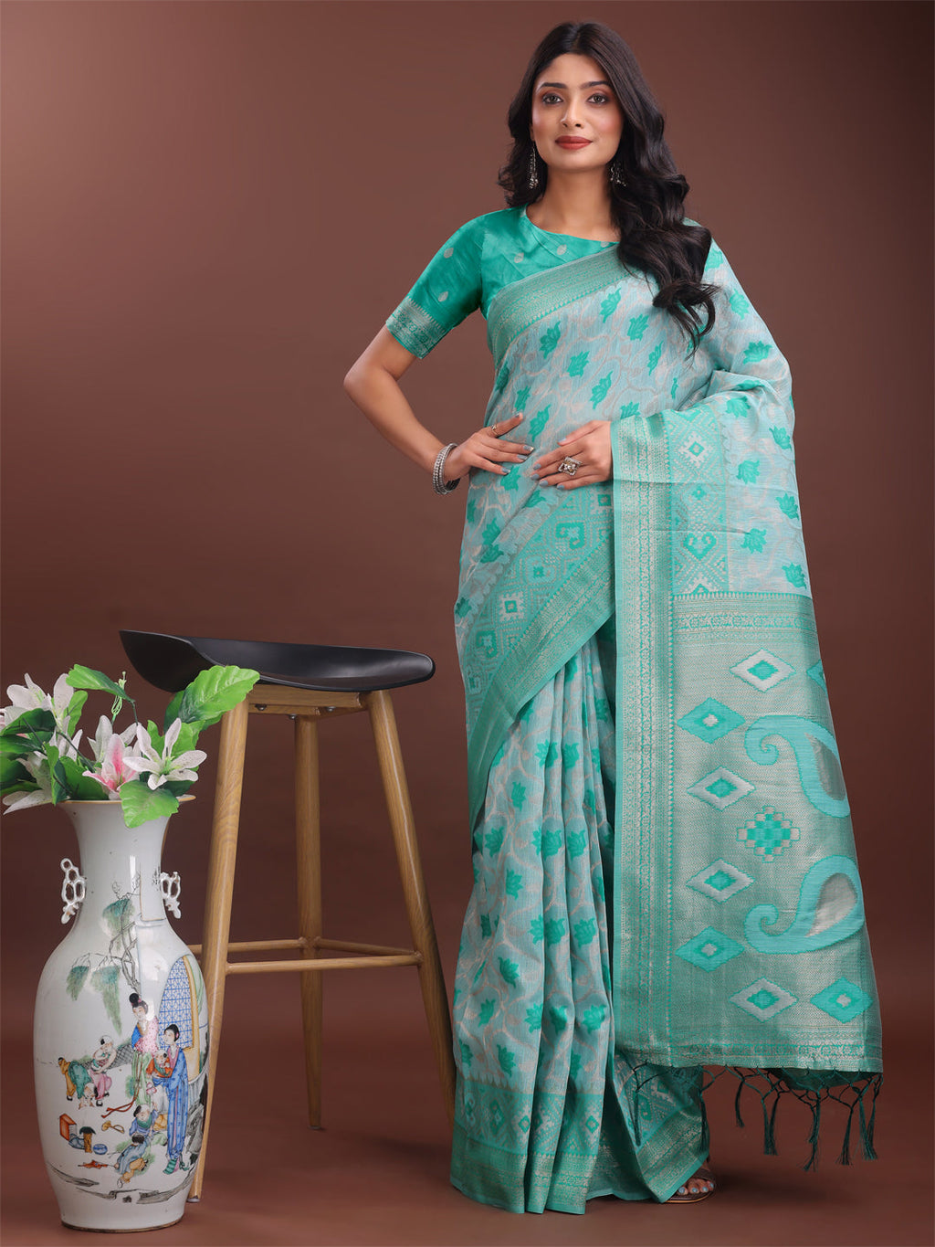Shree Shyam Fashion Stylish Green Linen Cotton Saree with Woven Design - Lightweight Elegance for Everyday Grace | Grocsy