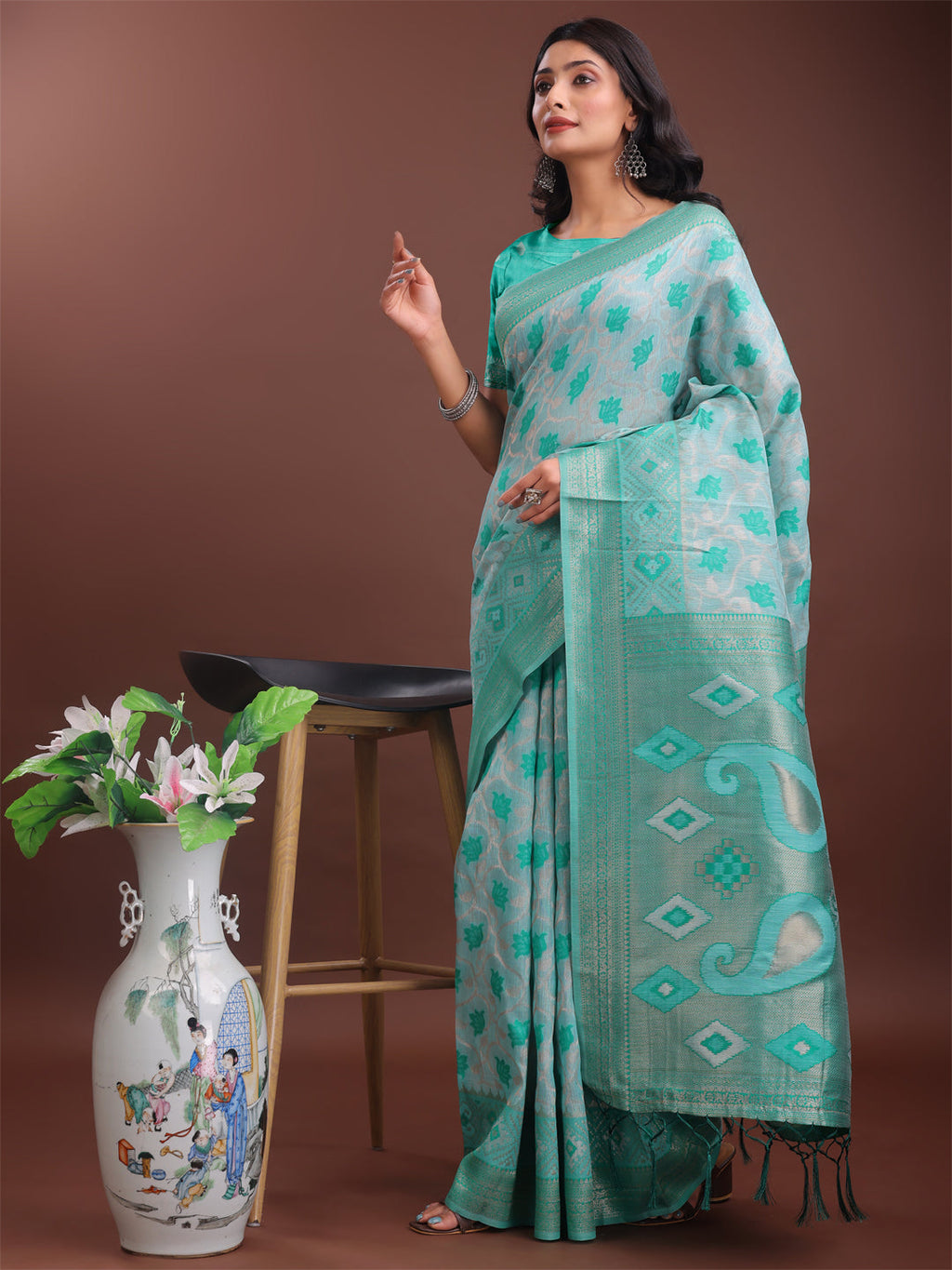 Shree Shyam Fashion Stylish Green Linen Cotton Saree with Woven Design - Lightweight Elegance for Everyday Grace | Grocsy