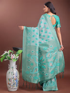 Shree Shyam Fashion Stylish Green Linen Cotton Saree with Woven Design - Lightweight Elegance for Everyday Grace | Grocsy