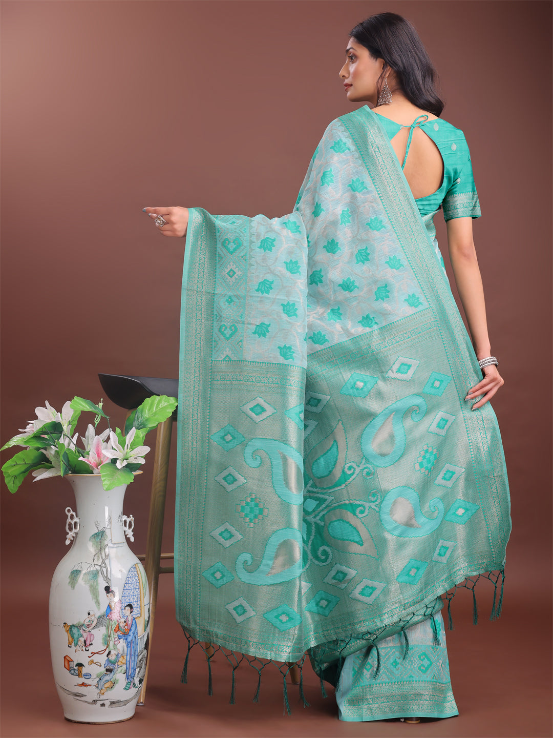 Shree Shyam Fashion Stylish Green Linen Cotton Saree with Woven Design - Lightweight Elegance for Everyday Grace | Grocsy