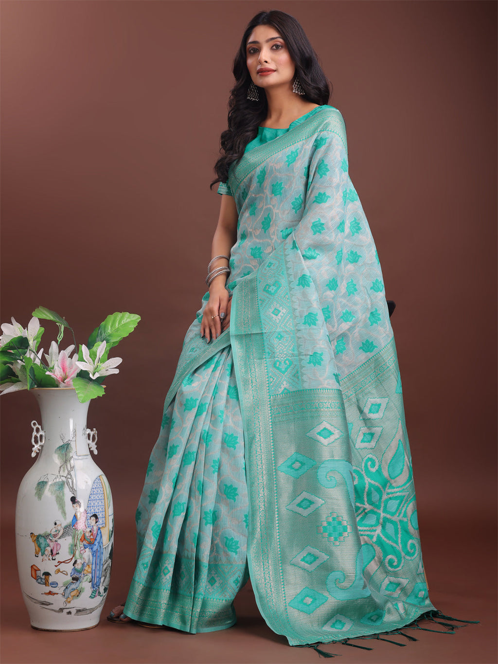Shree Shyam Fashion Stylish Green Linen Cotton Saree with Woven Design - Lightweight Elegance for Everyday Grace | Grocsy
