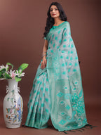 Shree Shyam Fashion Stylish Green Linen Cotton Saree with Woven Design - Lightweight Elegance for Everyday Grace | Grocsy