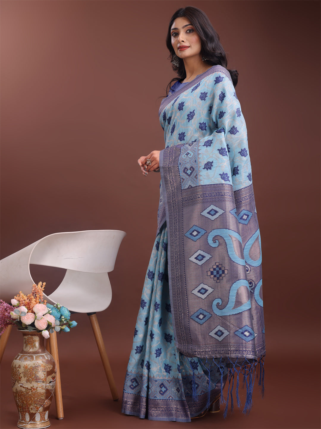 Shree Shyam Fashion Stylish Sky Blue Linen Cotton Saree with Woven Design - Lightweight Elegance for Everyday Grace | Grocsy