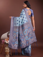 Shree Shyam Fashion Stylish Sky Blue Linen Cotton Saree with Woven Design - Lightweight Elegance for Everyday Grace | Grocsy